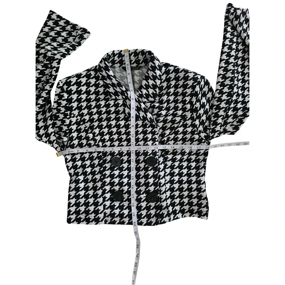 SHEIN Womens Black White Houndstooth Cropped DoubleBreasted Blazer Jacket Medium